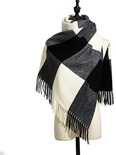 HGJH Schal Groß,Winterschals Schwarz Weiß Weicher Warmer Schal Dicke Decke Große Gitterquaste Modeschal Langer Großer Winterschal Trendige Stola-Schals Für Frauen Mädchen