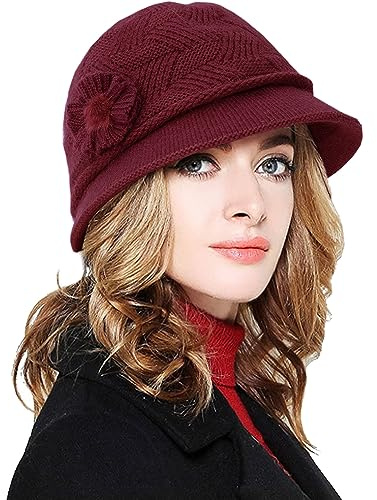 CheChury Bonnet Tricoté Femme Hiver Chaud Élégant Doux avec Fleur - Chapeau Melon Vintage Classique Slouch Rétro Beret Cloche