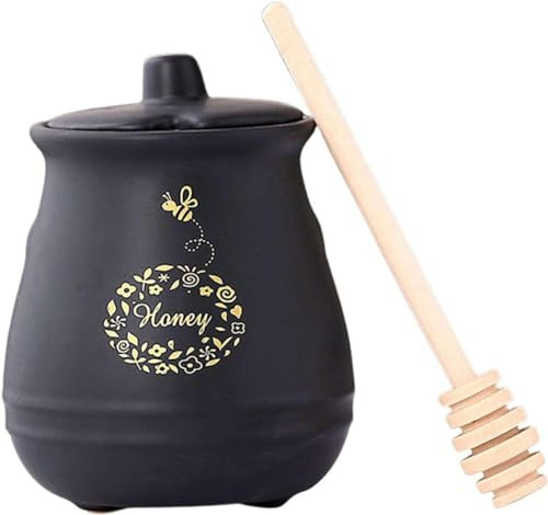 Vorratsgläser aus Glas - 325 ml Keramik matt Honigtopf mit Holzlöffel, Mini-Honigglas Partygeschenke mit Deckel, Porzellan-Honigtopf - schwarz - 325 ml (Farbe: Schwarz)