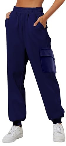 QWUVEDS Damen Sporthose Jogginghose Laufhosen Gummibund Sweathose mit Taschen Stoffhose Lange Yoga Hosen Sweathose mit Taschen High Waist Bequeme Lockere Freizeithose Fitness Loungewear L,B1-Blau