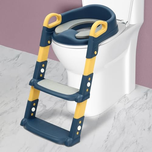 Kinder Toilettentrainer mit Treppe Toilettensitz Baby für kinder ab 2 jahre, mit PU Gepolstert & vier rutschfesten Gummipads Rutschfesten Pedalen, 34-44cm Höhenverstellbar Blau