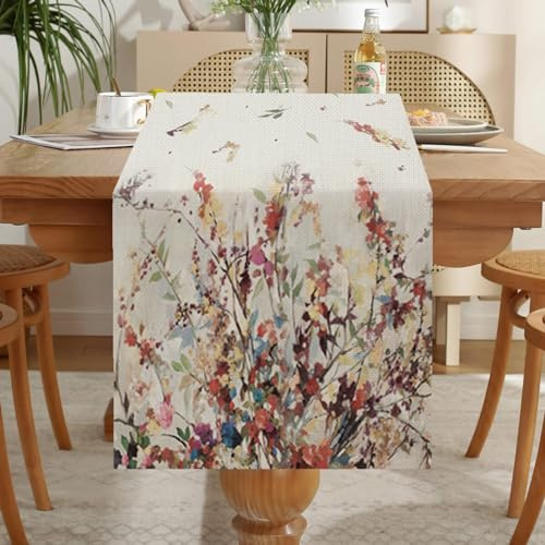 LOZULO Natur Blumen Tischläufer Modern Frühlingsdeko Tisch Wetterfest Leinen Lang Tischläufer Abwaschbar Outdoor Tischdecke Frühling für Party Tischmatten Läufer 40x140 cm