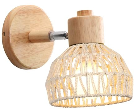 iDEGU Wandleuchte Innen Retro Wandlampe aus Holz Rattan Halbkreis Lampenschirm Vintage E27 Verstellbare Wandspot Industrie Lampe für Schlafzimmer Wohnzimmer Flur Café (15cm, Weiß Rattan)