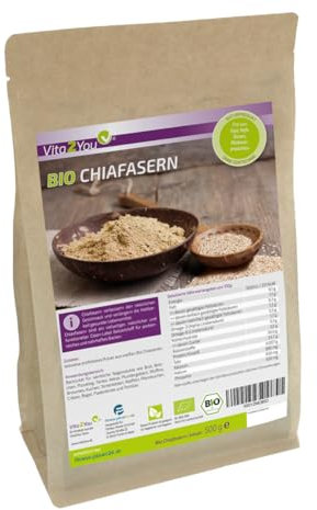 Vita2You Bio Chiafasern 500g - Ballaststoffreich - Glutenfrei - Chia Mehl zum Backen - Zippbeutel - alternative zu Flohsamenschalen - Premium Qualität