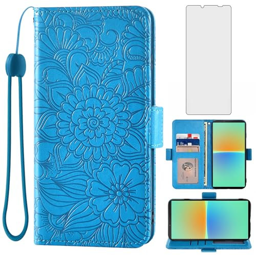 Asuwish Handyhülle für Sony Xperia 10 IV XQ-CC54 Hülle mit Glas Folie Schutzfolie und Kartenfach Klappbar Leder Geldbörse Ständer 10IV 4 5G Handy Hüllen Blumen Schutzhülle Handyhüllen Phone Case Blau