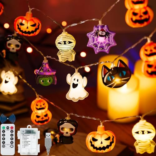 VEEKAY Luci Zucca Halloween,3.6M 24 LED Halloween Luci Stringa,Luci di Decorazione di Halloween,Pipistrello,Fantasma e Zucca decorativa per Halloween,Luci devorativa Halloween per Interno ed Esterno