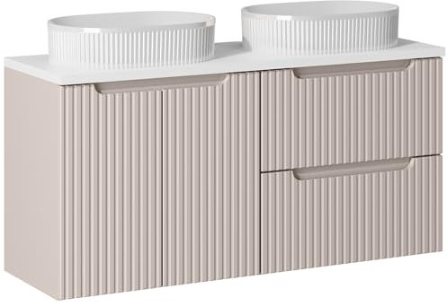 Lomadox Badezimmer Doppelwaschtisch 120cm mit 2 Aufsatz-Waschbecken, Kaschmir und weiß, gerillte Front