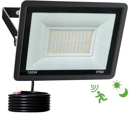 Fosingut 100W LED Strahler mit Bewegungsmelder Aussen,10000LM Außenstrahler Scheinwerfer LED Fluter,3000K IP66 Wasserdicht Aussenlampe Wand,Nachtlicht mit bewegungsmelder für Garage,Keller,Garten,Trep