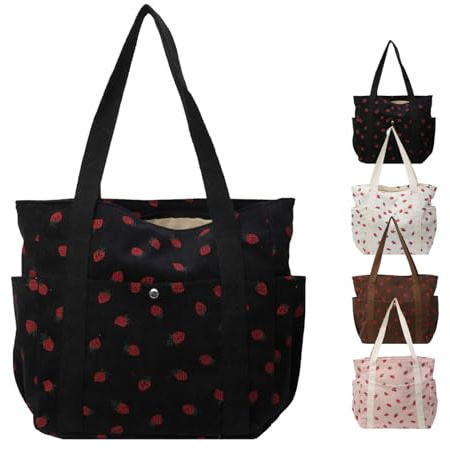 Aikelai Cord Tasche Damen Groß,Tote Bag Beuteltasche Damen Mädchen,Erdbeer Shopper Tasche Damen,Cordtaschen Tasche,Handtasche Arbeitstasche Damen