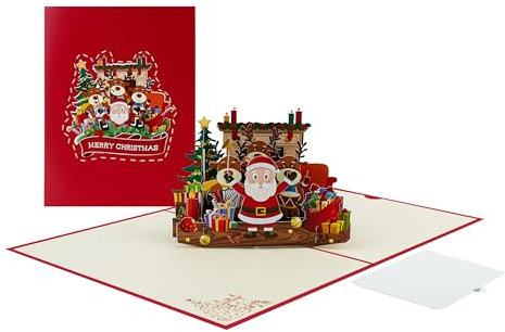CAVOADO® Weihnachtskarte mit 3D Pop-up Santa, Rentier, Geschenken und Weihnachtsbaum – Faltbare Festtagskarte für fröhliche Weihnachten – Inkl. Umschlag