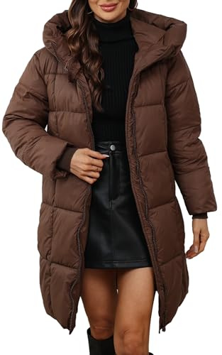 Maeau - Piumino lungo con cappuccio da donna, invernale, con cerniera, caldo, piumino, trapuntato, parka, lungo, casual, XS-XXL, marrone, XL