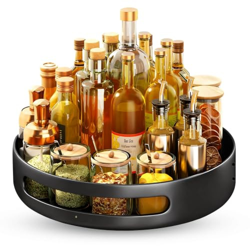 KATLKIU Lazy Susan Gewürzregal 30 cm aus Metall – 360° drehbares, rutschfestes Organizer-Regal für Küche, Kühlschrank & Bad – Platzsparendes Drehregal für Gewürze, Öle und Kosmetika (Schwarz)