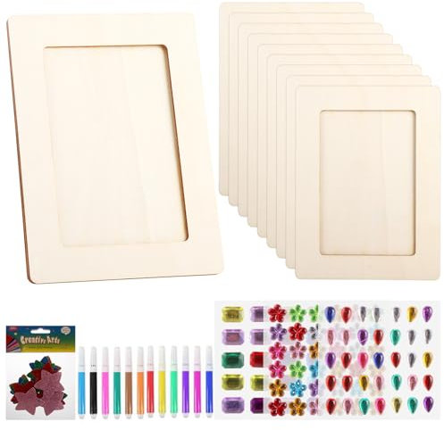 LDHHYH 10Pack DIY Wooden Picture Frames, 15x20cm Wooden Photo Frame Craft Kit, DIY Kids Art Frame with Glitter Stickers and Color Pens, Picture Frames Painting Craft Kit for DIY Paint Decorate