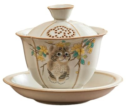 Cuenco de 150 ml para horno Ru Kiln Cute Cat Sancai Gai, se puede utilizar para preparar té con una tapa, juego de té doméstico, gato amarillo