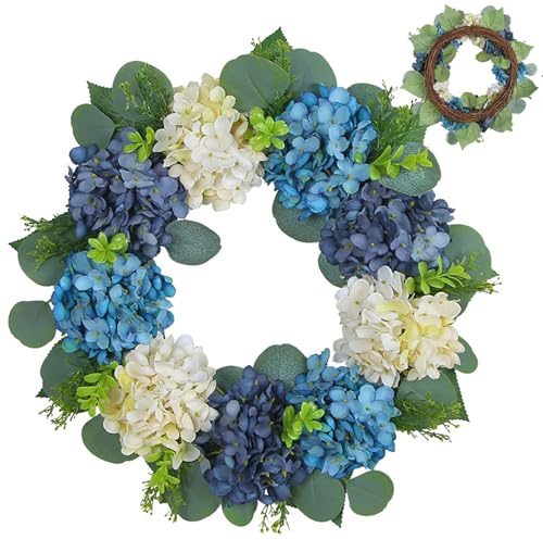 Frühlingskränze für die Haustür 16 Zoll naturgetreuer Hortensien-Blumenkranz mit grünen Blättern hängende sommerblaue Girlande für die Hauswand