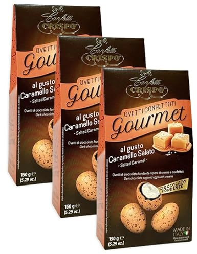 3X Crispo Ovetti Confettati Gourmet al Cioccolato Fondente con Ripieno di Crema al Caramello Salato 150g