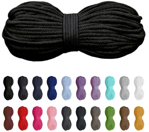 Slantastoffe 50 Meter Baumwollkordel 5mm, Baumwollschnur, Kordel, Seil, Turnbeutel, 21 Farben (Schwarz)