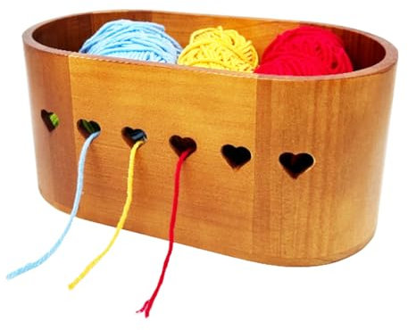 Grand bol en bois pour le crochet et le tricot, grand bol de rangement pour fil à tricoter, bol porte-fil fait à la main avec trous en forme de cœur des deux côtés