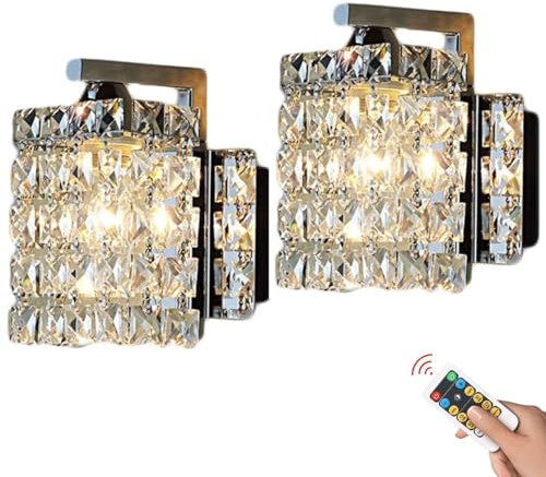 Rechargeable Wall Sconces - 2 Pack Dimmable Wireless Battery Operated Crystal Glass Wall Lights for Bedroom, Living Room, Bathroom - Modern Silver Design