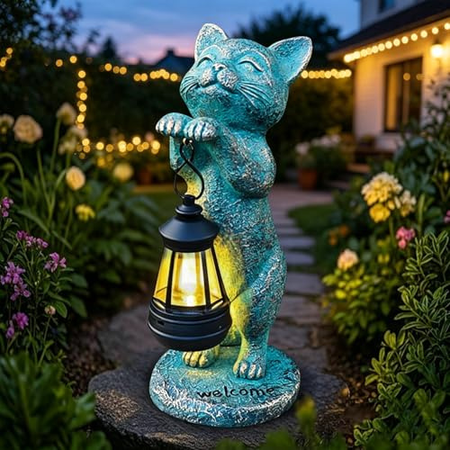 lifemet Solar Green Cat Statue Light Outdoor Garden Ornaments, Gift for Mon | kitten sculpture with lantern, Weather-resistant Outdoor, Yard and Patio Decor, Housewarming Gift for Garden Lovers