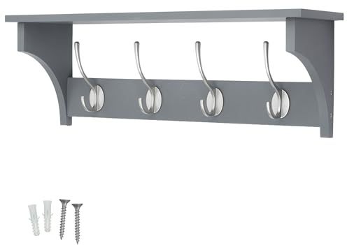keypak Wall Shelf Coat Rack Combo 4 Hooks Grey 56cm Wooden Base | Satin Nickel Hooks on Wall Mounted Coat & Bag Organiser for Hallway, Kitchen, Bathroom, Bedroom