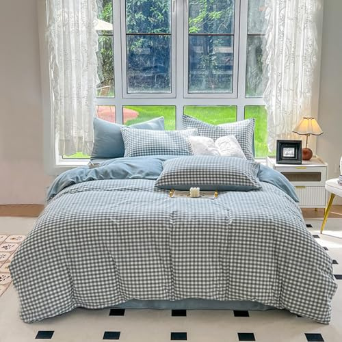HAIBA Parure de Lit 3 Pièces Housse de Couette 220 x 240 cm Bleu 100% Coton en Flanelle Linge de lit Réversible - Toucher Cachemire – pour lit Standard 2 Personnes - avec 2 Taie d'oreiller