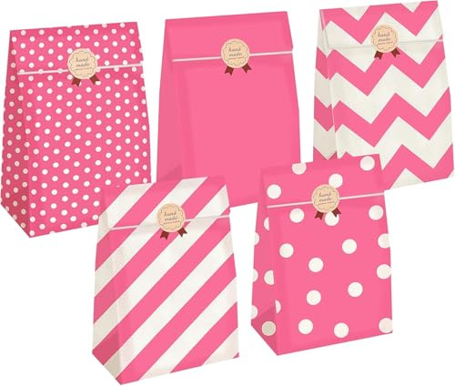 50 Stück Geschenktüten mit 60 Aufkleber Candy Tüten zum Verpacken von Geschenken, Giveaways, Kindergeburtstag, Hochzeit, Party, usw (Rosa)