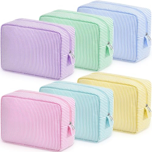 Sanwuta 6 Seersucker Makeup Bags for Women Striped, Large, Macaron Color | Aesthetic Cute Travel Toiletry Organizer Preppy Storage Pouch for Christmas Wedding Bridesmaid Mother's Day Teacher Gift
