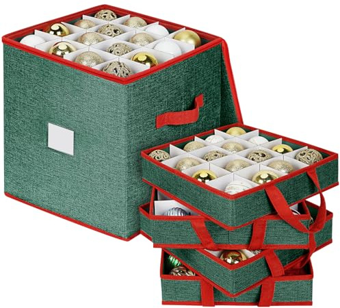 OSTWOLKE Weihnachtskugeln Aufbewahrung, Aufbewahrungsbox 64 Fächer | Aufbewahrungsboxen mit Deckel, Boxen Aufbewahrung mit 4 Ebenen, abnehmbare Griffe & Unterteiler (31,5x31,5x34 cm) - Grün Rot