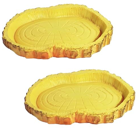 2 Pcs Tortoise Water Bowl, Tortoise Food Bowl, Reptile Water Dish, Reptile Water Bowls with Yellow Wood Grain Design for Crawl Pet Food Feeder Drinking Eating suitable for Lizards Chameleons Geckos