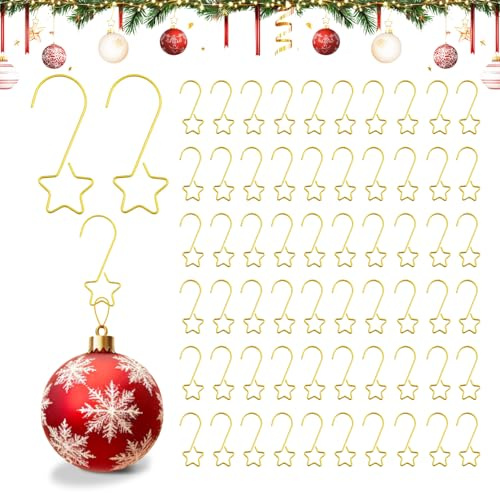 60 Stück Kugelaufhänger Gold, Weihnachtsbaum Haken S Form mit Stern, 2 cm Klein Schnellaufhänger Doppelhaken für Christbaumkugel, Metallhaken für Weihnachtsbaumschmuck Wiederverwendbare, Wasserfest