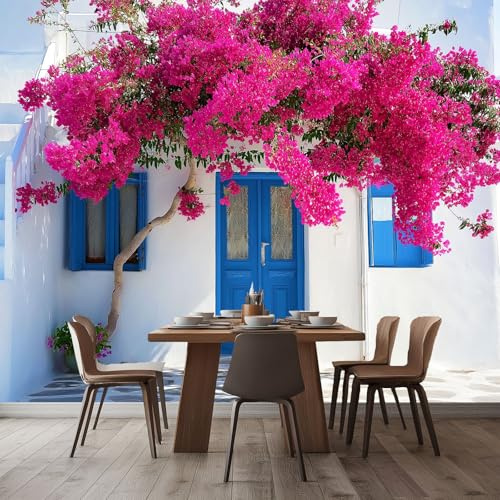 Papel Pintado Panorámico Flores Árboles De Una Cabaña Junto Al Mar 250x175 cm Fotomurales No Tejido, Murales Decoración Póster Pared Personalizado 3D Para Salón Dormitorio