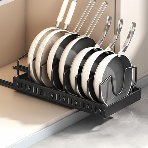 Sonhomay Organizador extensible para ollas y sartenes, paquete de 2 unidades, organizador de sartenes deslizantes con 8 divisores, adhesivo para placa de cocina, cajón, tapa, soporte para armario de