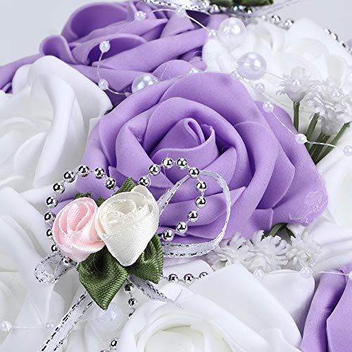 Jelquix Wedding Bouquets for Bride, Artificial Flower Bouquet, Silk Bridal with Faux Pearls 26cm Length 21cm Width for Bridal Bridesmaid Wedding Decor (Purple)