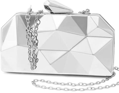 XINGSHUNFU Damen Metallic Abend-Clutch-Tasche, geometrische Abend-Clutch mit Rautenmuster und Kettenriemen für Hochzeiten, Partys und formelle Anlässe(Silver)