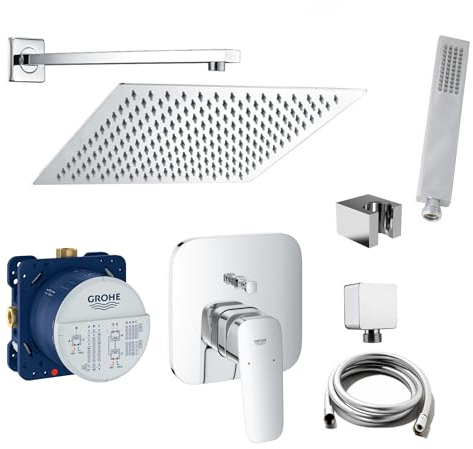 vanvilla Duschsystem Unterputz mit Duscharmatur Grohe poliert G81 | Duscharmatur von Grohe Cubeo Einhebelmischer und vanvilla Regendusche Duschkopf eckig, Dusch-SET poliert