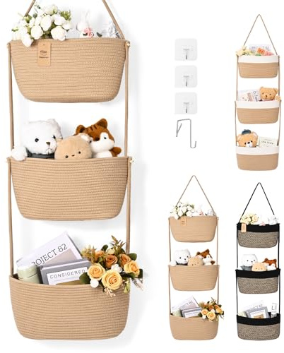 Degeyoyo Hanging Basket, 3-Tier Wall Baskets, Over the Door Organizer with 4 Hooks, Hanging Baskets for Organizing, Woven Storage Basket Behind the Door for Nursery, Bedroom, Living Room, Kitchen