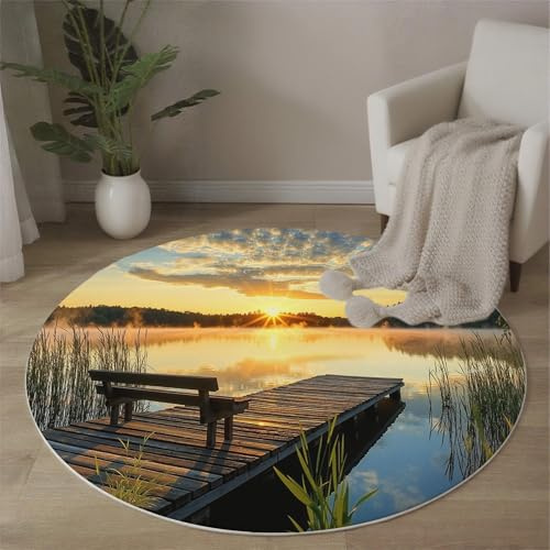 Teppich Rund 160cm, Pflegeleicht Steg Bänke See Bedrucktes Teppich, Weich und Flauschig Ruhige Naturlandschaft Teppiche, rutschfest Waschbar Orange Teppiche für Schlafzimmer Kinderzimmer
