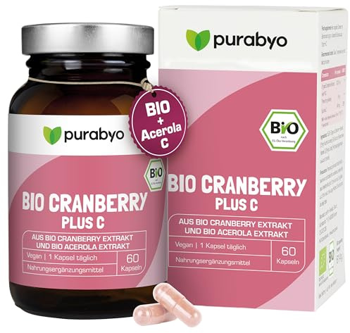 Purabyo BIO Cranberry Kapseln Plus C – 600 mg Bio Cranberry Extrakt mit PAC & 40 mg Vitamin C aus Acerola | vegan, laborgeprüft und in Deutschland hergestellt | Cranberries aus Nordamerika