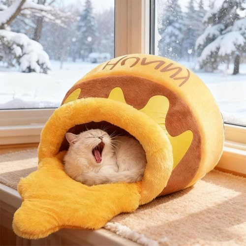 GUSHE Honey Jar Cat Bed, Honey Pot Cat Cave Bed, Warm Cartoon House Cave Soft Kitten Bed with Removable and Washable Cushion, Cute Cartoon Design Pet Bed for Small Cats and Pets (L)