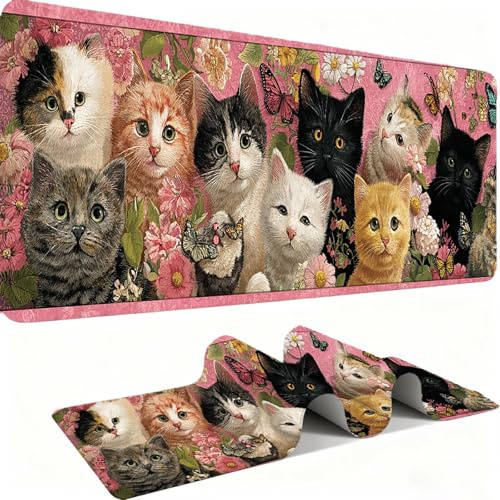 Tapis de Souris 600x300mm Tapis Souris Gamer, Mousepad de Bureau Ultra Mince Base en Caoutchouc Antidérapante Lavable Vitesse et précision Améliorées pour PC, Ordinateur, Travail-Mignon Chat C0P-420