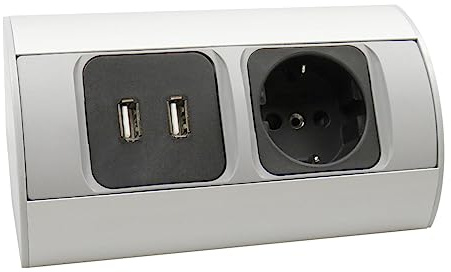 kalb | Möbelsteckdose Aluminium mit 2X USB-A Ecksteckdose Küche Arbeitsplatte EU-Schutzkontaktsteckdose 230V Aufbausteckdose Tischsteckdose