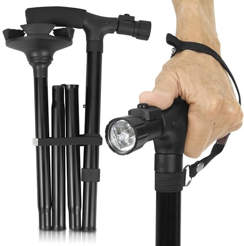Vive Walking Stick Cane with Light - Folding Lightweight Collapsible Aluminum Walking Aid with Flashlight - Bariatric Foldable Small Travel Stick - Men, Women, Senior - Easy Fold Up