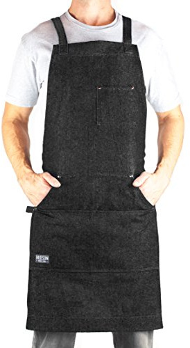 Hudson Durable Goods Professional Grade Chef Apron for Kitchen, BBQ, and Grill - Adjustable Crossback Denim Apron for Men and Women with Pockets, Towel Loop, Quick Release Buckle - 34 x 27 Inch, Black