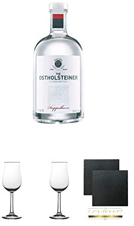 The Ostholsteiner Doppelkorn 38% 0,7 Liter + 2 Bugatti Nosing Gläser mit Eichstrich 2cl und 4cl + 2 Schiefer Glasuntersetzer eckig ca. 9,5 cm Ø