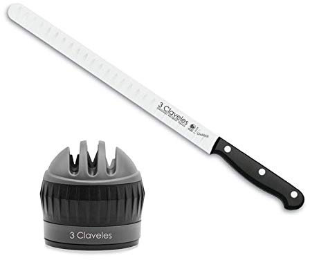 Hidalgo 3 Claveles Cuchillo Jamón-Salmón Alveolado 30 cm + afilador Ventosa 3 Pasos.