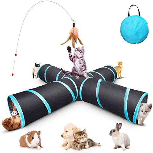 XQMY Katzentunnel, 4-Wege-Crinkle-Tunnel, Röhren, zusammenklappbar, groß, für drinnen und draußen, Katzenspielzeug mit tragbarer Aufbewahrungstasche für Katzen, Hunde, Welpen, Kätzchen, Kaninchen