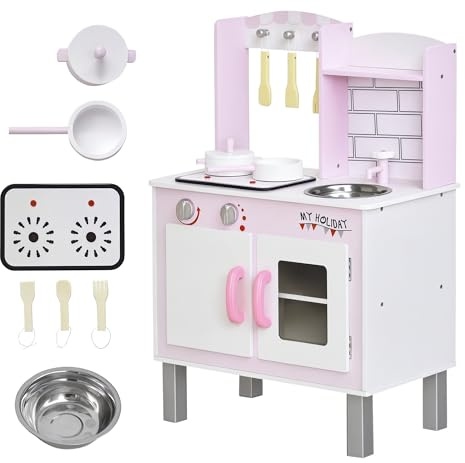 HOMCOM Kids Kitchen Play Set Wooden Pretend Play Toy w/Sounds Utensils Pans Storage Child Role Play Accessories for 3 Years+ Pink