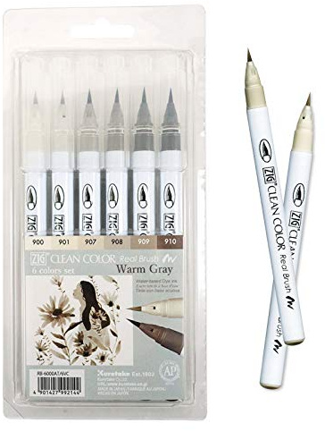 Kuretake ZIG Clean,Marcador de pincel real, puntas de pincel flexibles, caligrafía y letras de pincel para artistas, fabricado en Japón (juego de 6 colores grises cálidos)