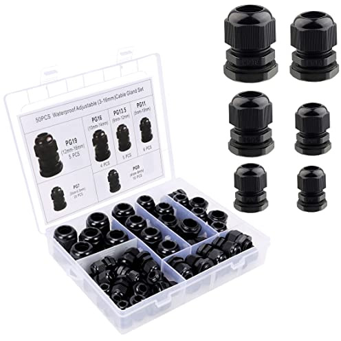 Belle Vous 50 Stk Verstellbare Wasserdichte Kabeldurchführung - 3-16 mm PG7, PG9, PG11, PG13.5, PG16 und PG19 - Kunststoff Kabelverschraubung Set mit Gegenmutter für Haus, Garten oder Industrie